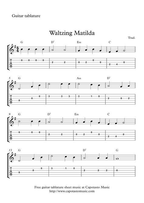 With the printable sheet music on this website, you can get as many printable guitar music sheets are you would like. Free guitar tablature sheet music | Waltzing Matilda
