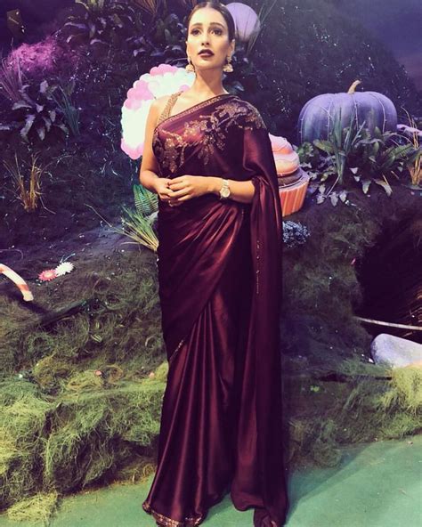 Sayantika Banerjee Looking Elegant Wearing A Aubergine Satin Saree