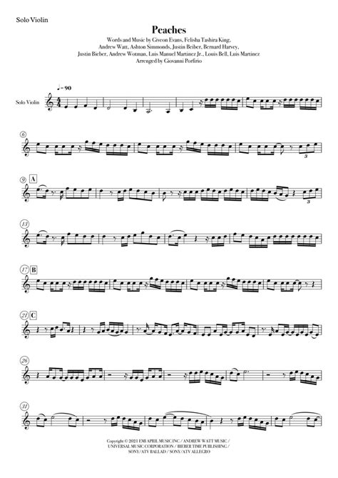 Peaches Arr Giovanni Porfirio Sheet Music Justin Bieber Violin Solo