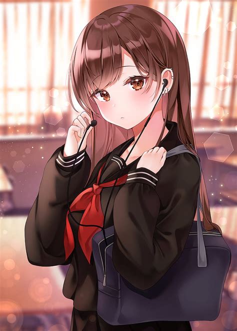 Brown Hair Anime School Girl Earphones School Uniform Anime Hd