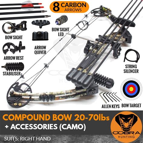 20 70lbs Camo Compound Bow Rh X8 Carbon Arrows Cobra Hunting