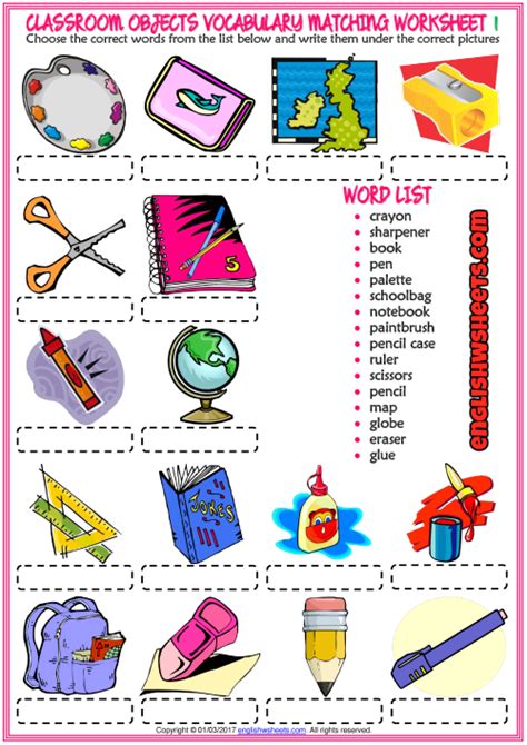 Classroom Objects Esl Matching Exercise Worksheets