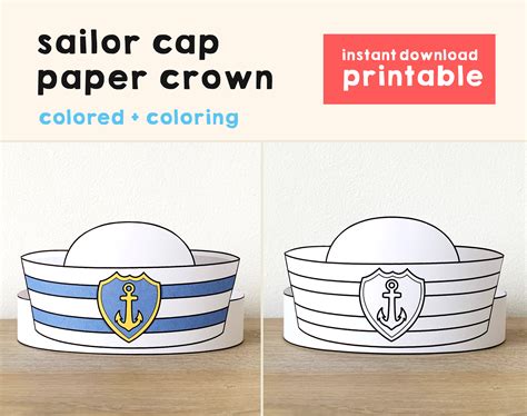 Sailor Hat Cap Paper Crown Party Coloring Printable Kids Craft Etsy