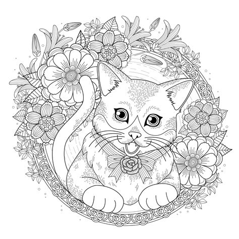 Chat Entouré De Fleurs Coloriages Chats Difficiles Pour Adultes Et