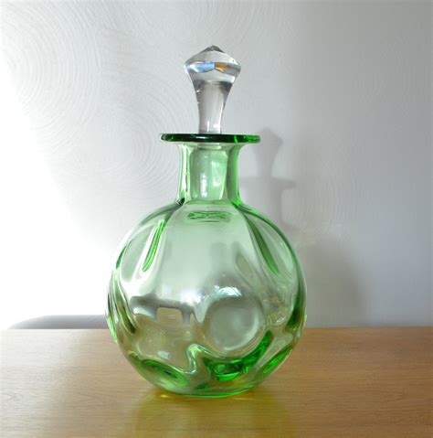 vintage green art glass decanter with optic swirl circle etsy