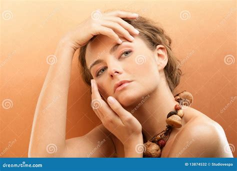 Exotic Tanned Woman Touching Face Stock Photo Image Of Brown