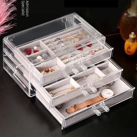 Acrylic 3 Layers Velvet Jewelry Box Display Holder Desktop Pendant Ring