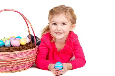 Child Holding Easter Egg With Easter Basket Stock Photo Image Of