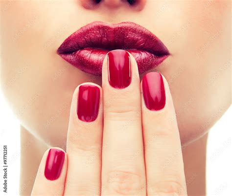 Beautiful Model Shows Red Manicure On Nails Red Lips Luxury Fashion