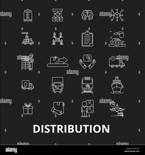 Distribution Editable Line Icons Vector Set On Black Background