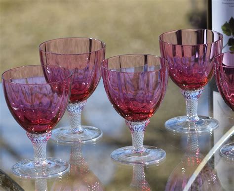 Vintage Pink Crystal With Clear Twisted Stem Wine Glasses Set Of 6
