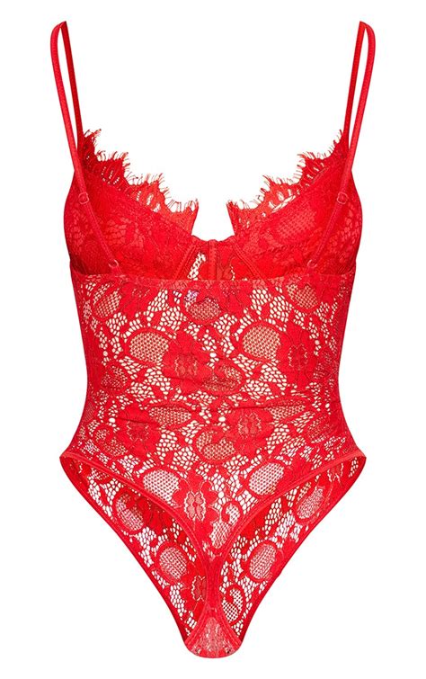 Red Lace Sheer Contrast Bodysuit Tops Prettylittlething