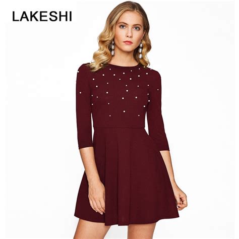 Pearl Embellished Dresses Women Sexy Mini Winter Dress Winered Elegant Party Dress Solid Vintage