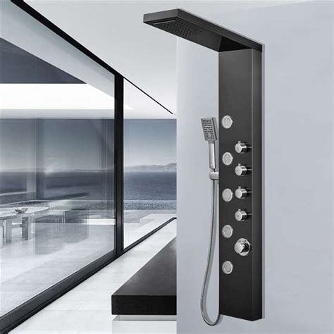 plumbing and fixtures black shower panel tower system led rainfallandwaterfall massage body jets