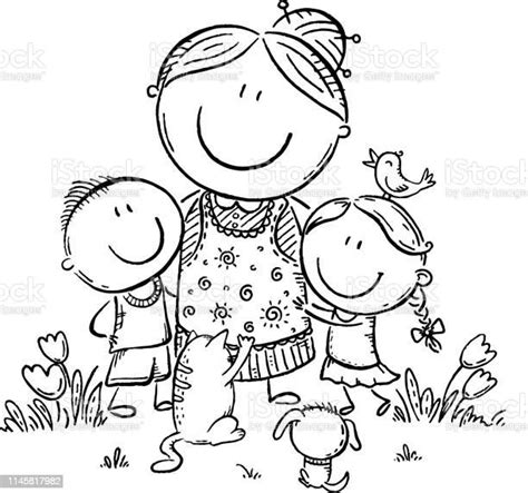 Everyone Loves Granny Grandmother With Grandchilren And Pets Stock