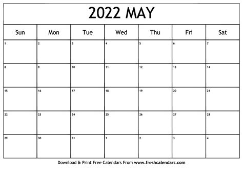 Blank Printable May 2022 Calendars