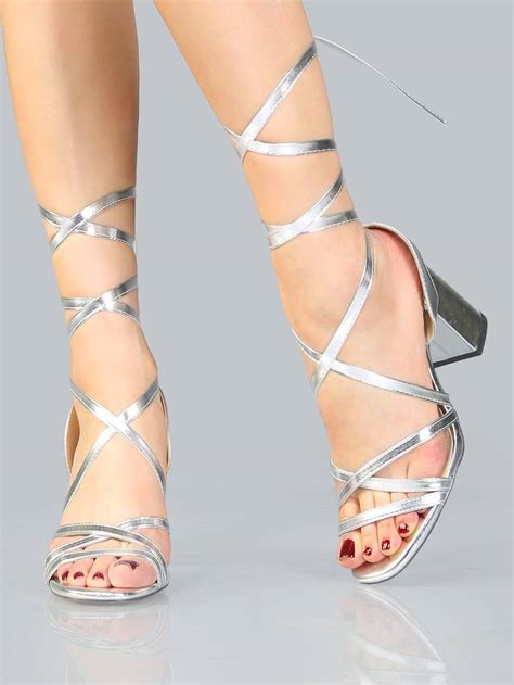 open toe metallic lace up heels silver shein sheinside