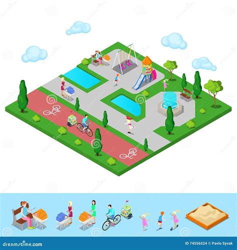 Isometric Children Playground In The Park With People Stock Vector