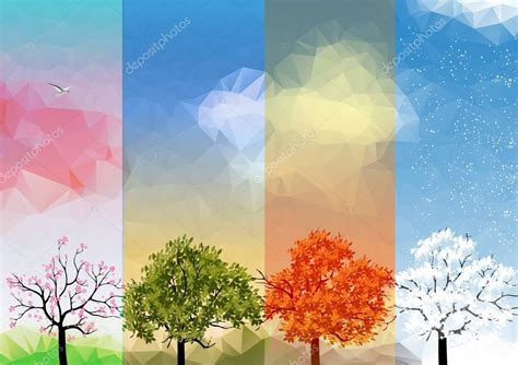 Four Seasons Spring Summer Autumn Winter Banners With Abstract Trees