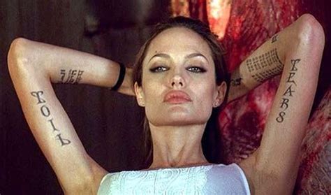 Angelina Jolie Vox In Wanted I Love Her Ink On Her Arms Angelina Jolie Tattoo Angelina Jolie