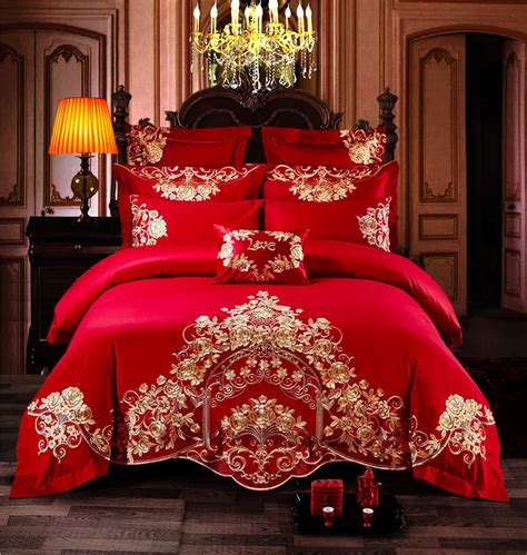 469pcs Egypt Cotton Gold Flowers Embroidery Bedding Set 4pcs King Queen Size Wedding Bed Set