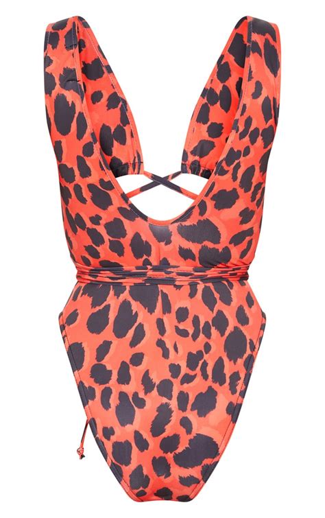 Red Leopard Cut Out Wrap Around Swimsuit Prettylittlething