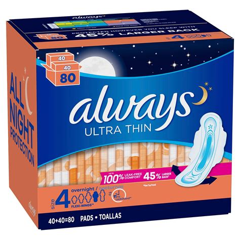 Always Ultra Thin Size 4 Overnight Pads With Wings Unscented 80 Count