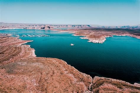 Aerial View Of The Lake Powell From Above Near Glen Canyon Dam A