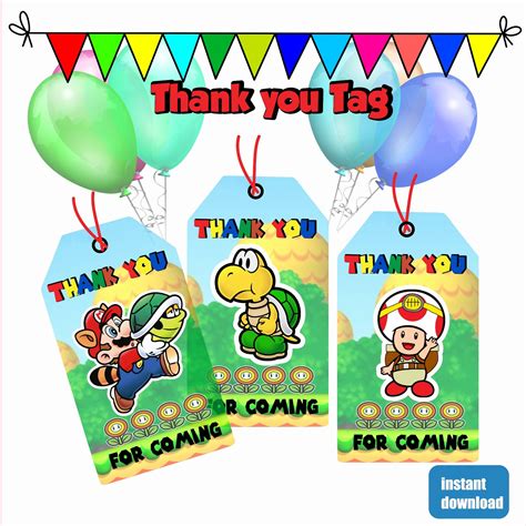 Super Mario Thank You Tag Mario Favor Tag Mario Bros Thank Etsy