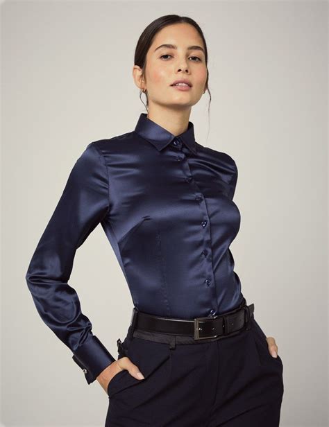 Womens Navy Fitted Satin Shirt Double Cuff Satin Shirt Hawes And Curtis Satin Blouses