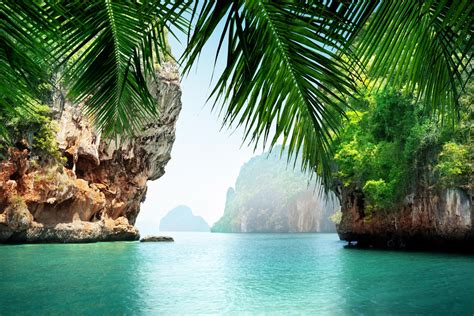 Phuket Thailand Tropical Sea Rock Island Formations Green Water Palm