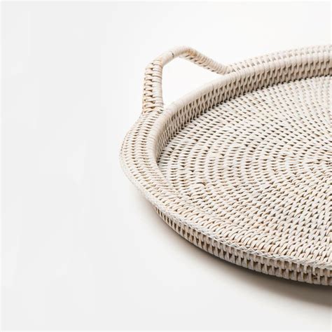 Vintage mid century bamboo rattan wicker breakfast bed tray w book holder. Round Rattan Serving Tray with Handles in White | Shallow ...