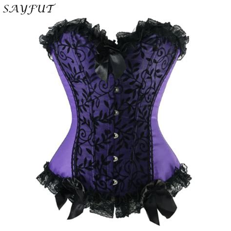 Sexy Lingerie Satin Corset Purple Corsets And Bustiers Top Floral Lace Corselet Bowknot Brocade