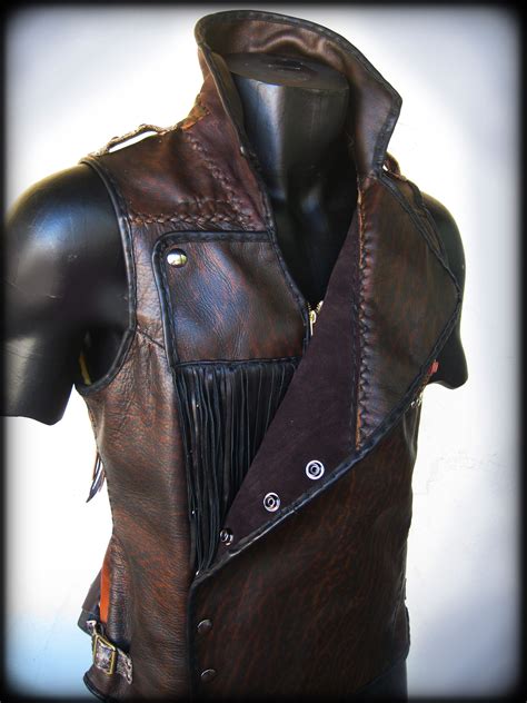 Leather Mens Vest Brown Leather Steampunk Style Geared Wings On The