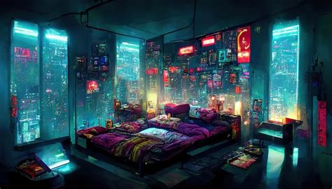 Ilustración De Arte Conceptual De Dormitorio Futurista Cyberpunk Acogedor Foto Premium