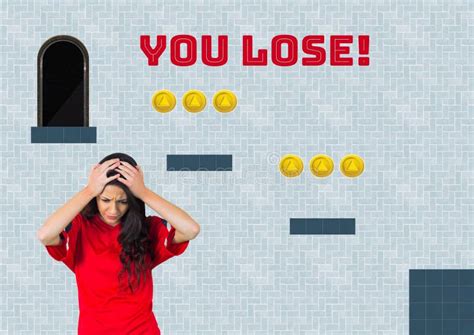 You Lose Text And Woman In Computer Game Level With Coins Stock Photo