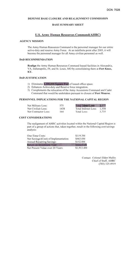 Base Summary Sheet – U.S. Army Human Resources Command – IN, MO, VA