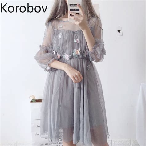 Korobov Sweet Preppy Style Mesh A Line Women Dress Long Sleeve O Neck Appliques Dresses Summer
