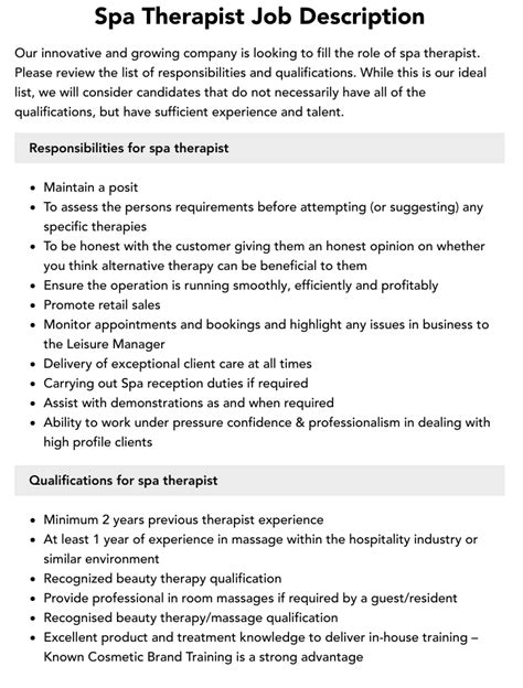 Spa Therapist Job Description Velvet Jobs