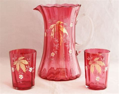 Antique Victorian Enameled Cranberry Water Pitcher And 2 Tumblers Cranberry Glass Antique Glass