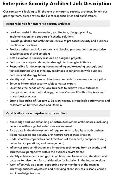 Enterprise Security Architect Job Description Velvet Jobs