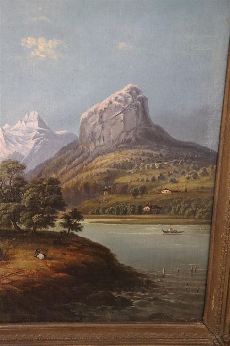 19th Century Oil Painting On Canvas Mountain Landscape At
