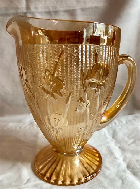 Antique Iris And Herringbone Marigold Carnival Glass Pitcher