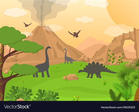 Cartoon Color Dinosaurs And Landscape Scene Vector Image