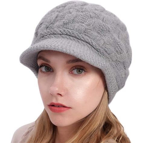 Women Winter Warm Beanie Knit Hat Soft Lined Snow Ski Caps With Visor
