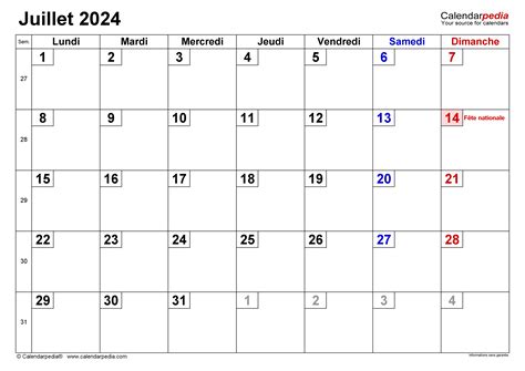 Calendrier Juillet Excel Word Et PDF Calendarpedia