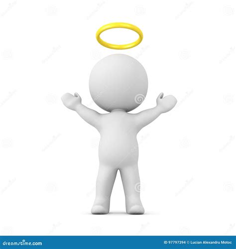 3d Character With A Gold Halo Above His Head With His Arms Raise Stock