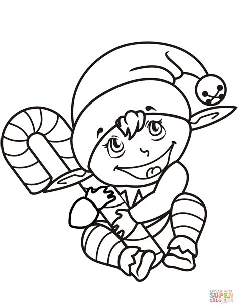 Cute Christmas Elf With Candy Cane Coloring Page Free Printable