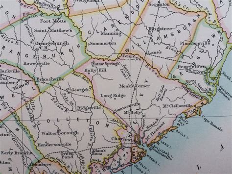 1875 South Carolina Original Antique Map Cartography Geography Wall