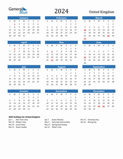 2024 Free Calendar Printable Pdf With Holidays List Uk At A Glance